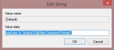 Вставьте значение cmd.exe /k cd %1 в данные значения по умолчанию.