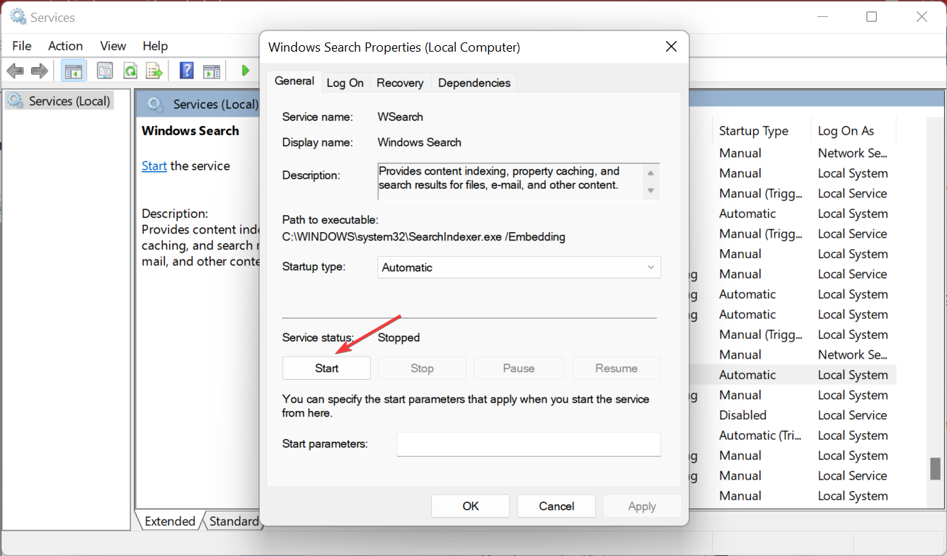 Кнопка Запустить в окне службы