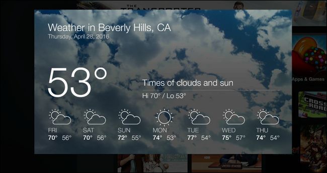 Экран с карточкой прогноза погоды и кратким аудиоответом Alexa