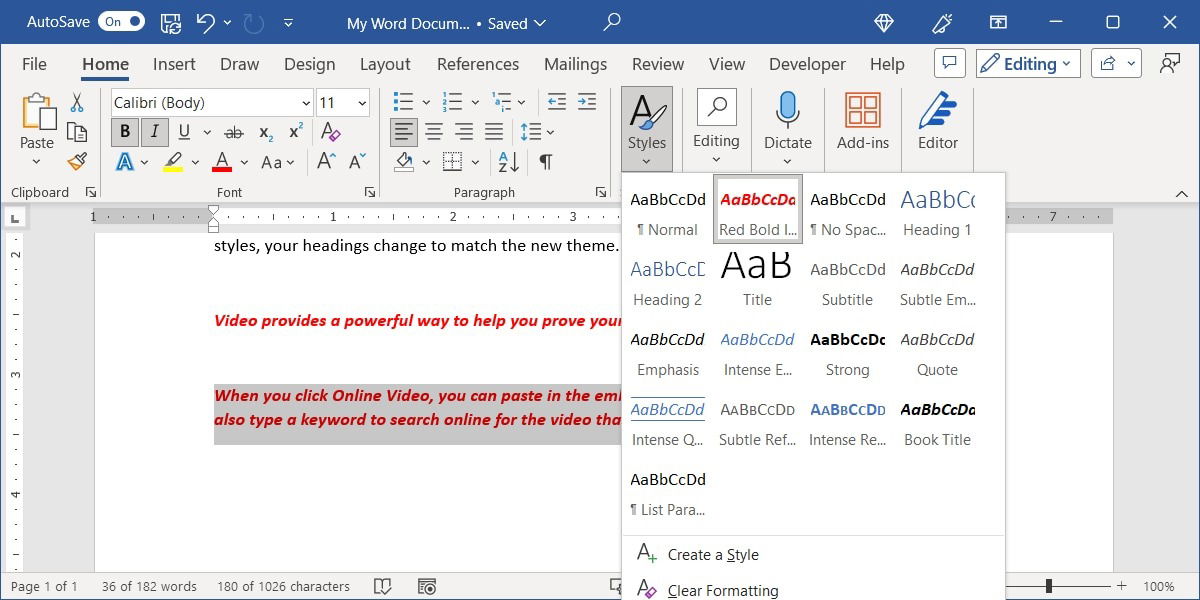Пользовательский стиль в меню Стили