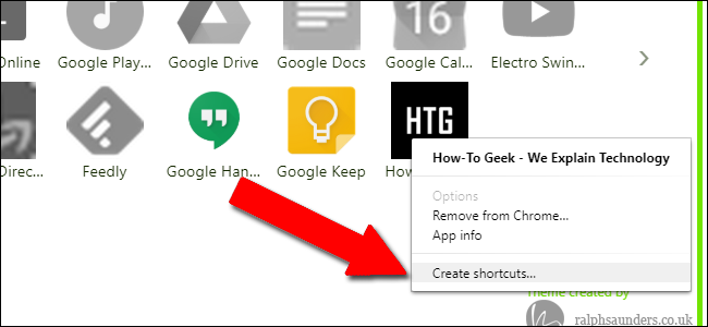 Контекстное меню значка приложения с пунктом Create shortcuts