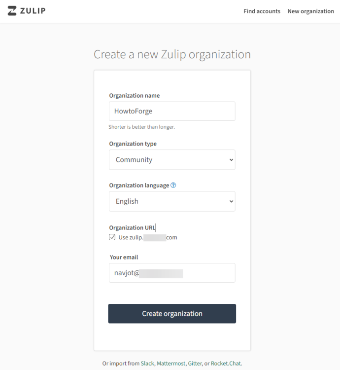 Страница создания аккаунта в Zulip