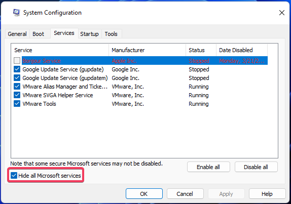 Скрыть службы Microsoft в System Configuration