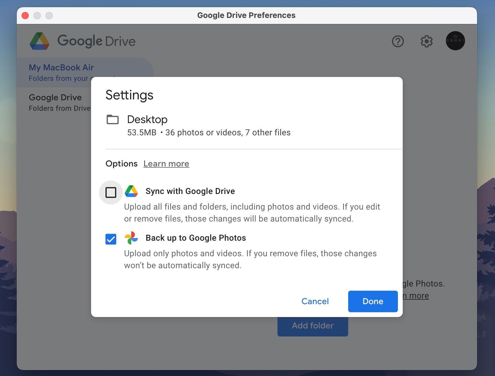 Приложение Google Drive на macOS с опциями резервного копирования в Google Photos