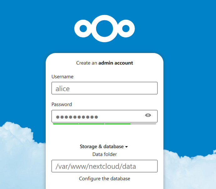 Страница создания администратора Nextcloud