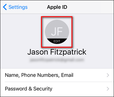 Экран Apple ID: нажмите на фото профиля, чтобы изменить его