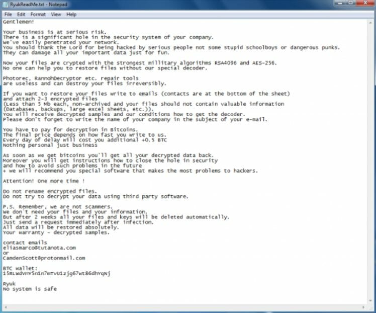 Текст требования выкупа Ryuk на экране
