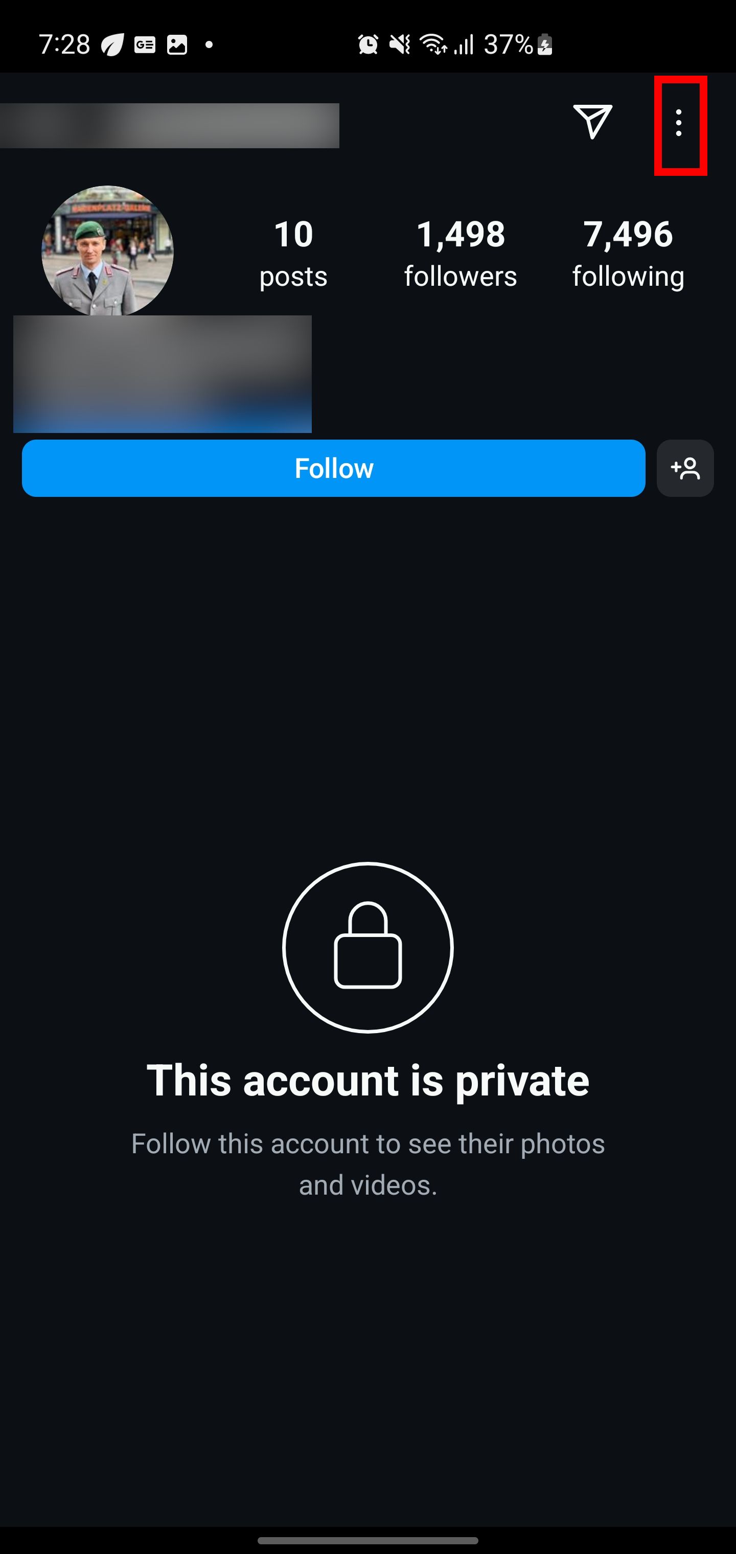 Три вертикальные точки на профиле пользователя в Instagram
