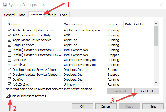 Чистая загрузка — вкладка службы