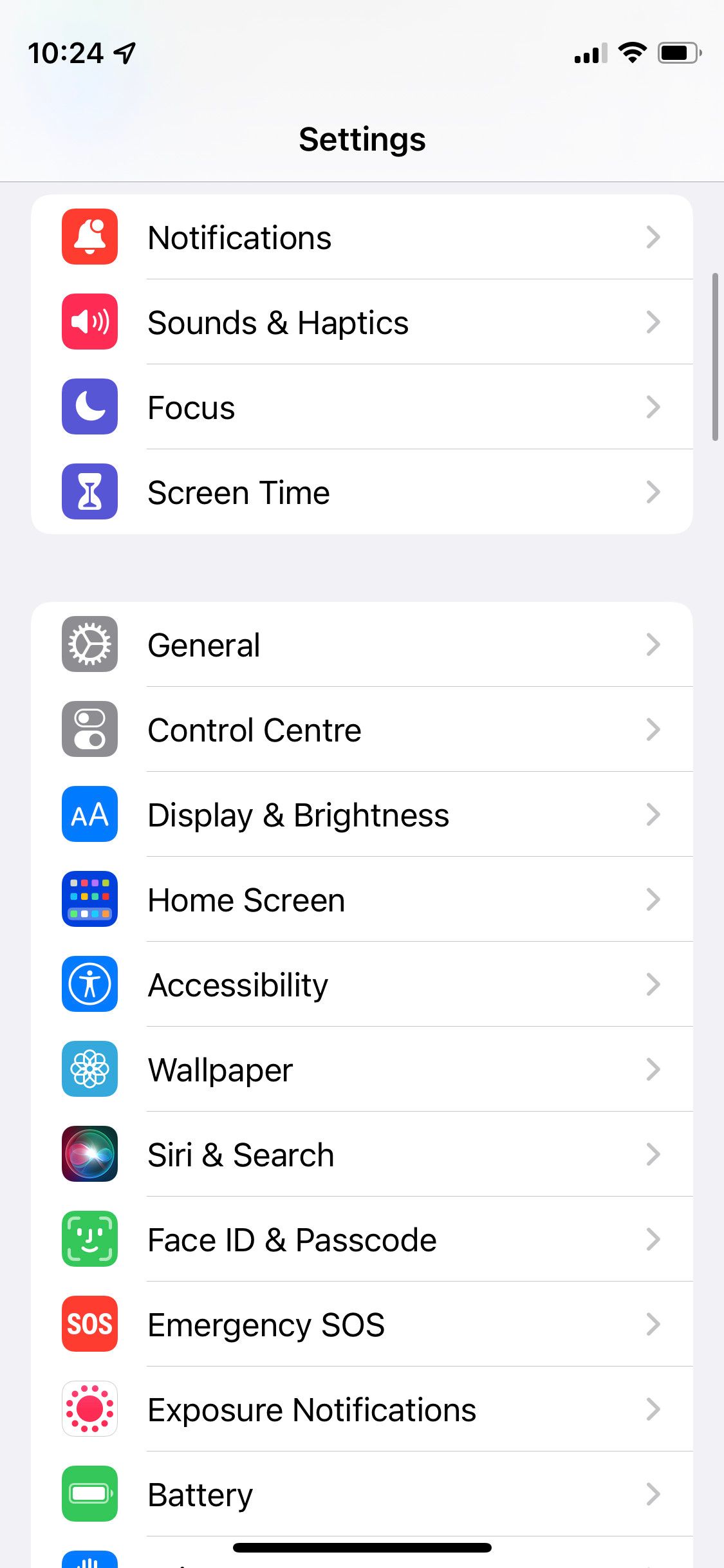 Экран настроек iPhone