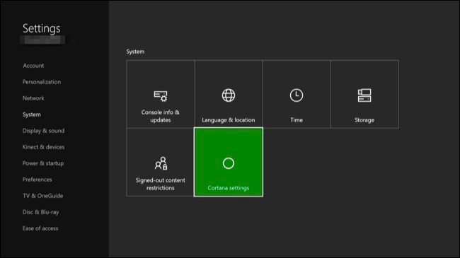 Экран параметров Cortana на Xbox One — переключатель для отключения