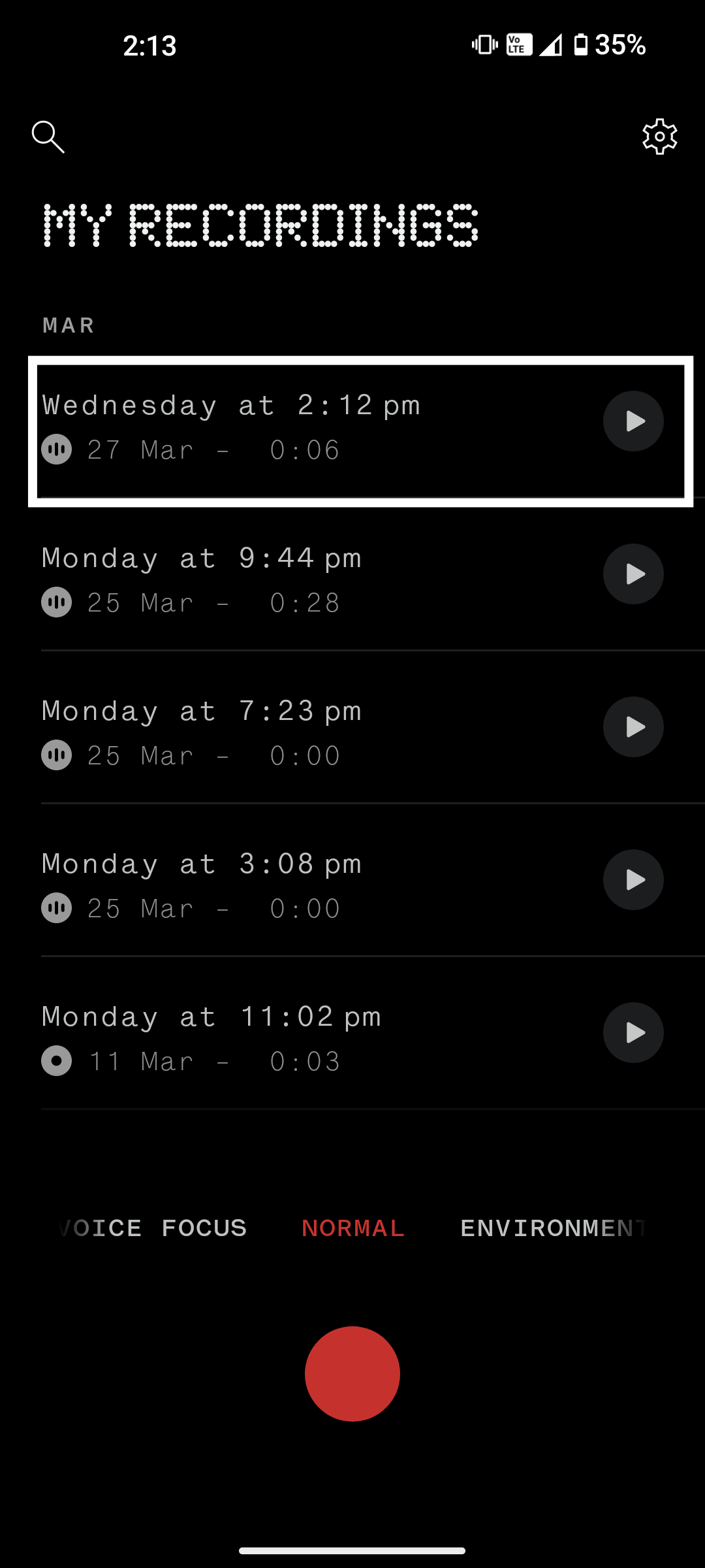 Список записанных аудиофайлов в приложении Recorder
