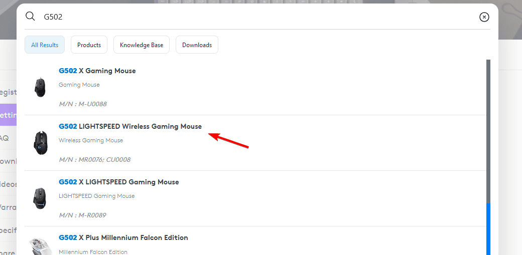панель поддержки Logitech с результатами поиска по G502