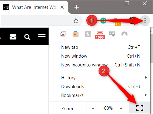 Click the menu icon, then click on the full-screen mode icon