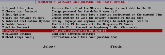 Скриншот меню raspi-config с подсказкой о возможности разгона и предупреждением о температуре
