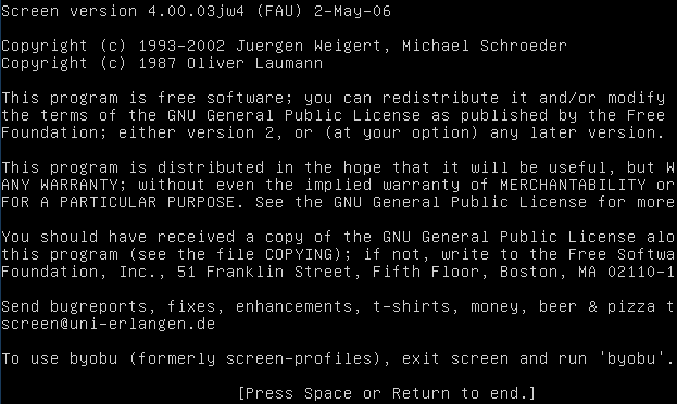 Стартовая заставка GNU Screen после запуска