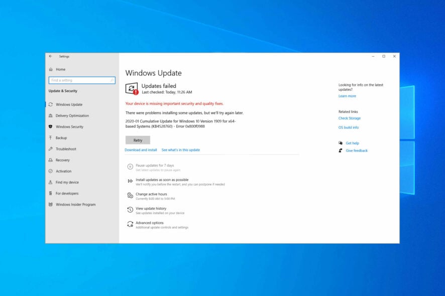 Ошибка обновления 0x800f0988 — исправление