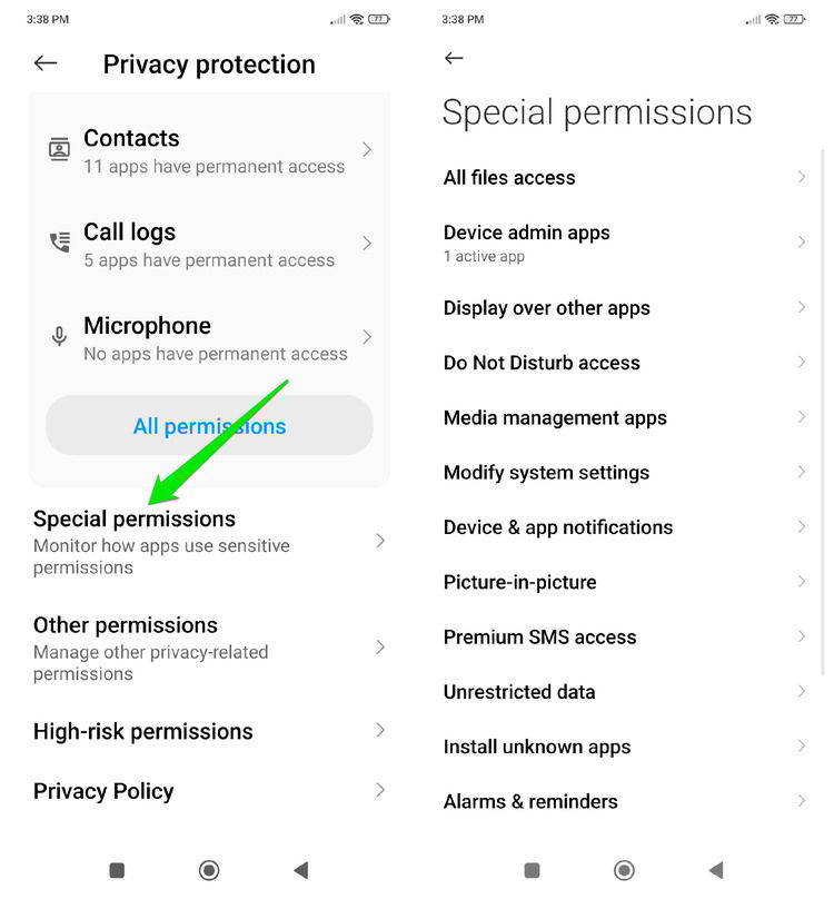 Liste von speziellen Berechtigungen auf Android