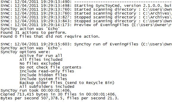 Пример лога SyncToy с информацией о выполненной синхронизации