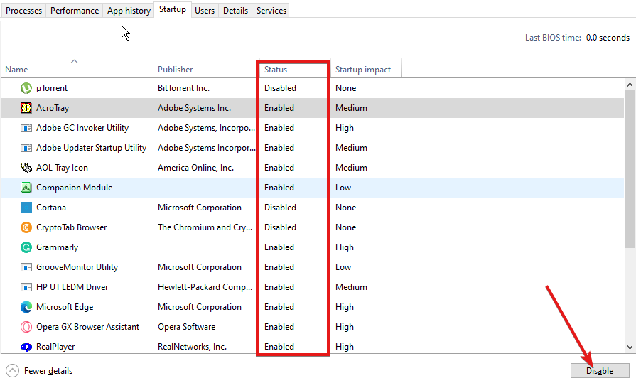 Диспетчер задач — вкладка Автозагрузка