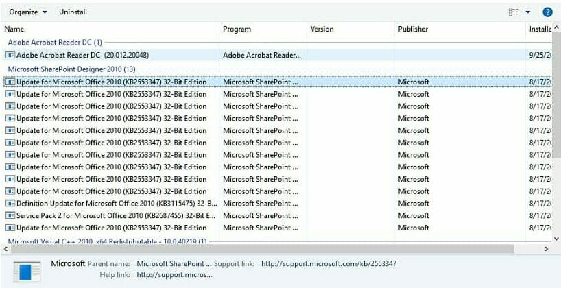 Список установленных обновлений Windows с возможностью удаления