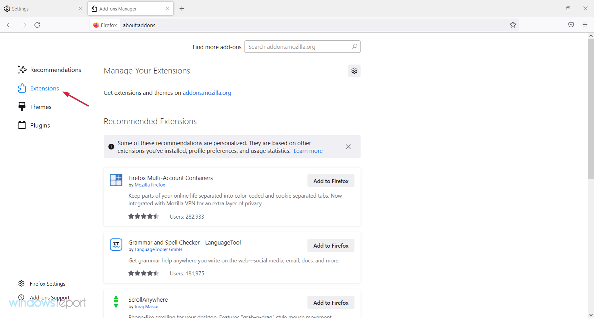 Список расширений в Firefox