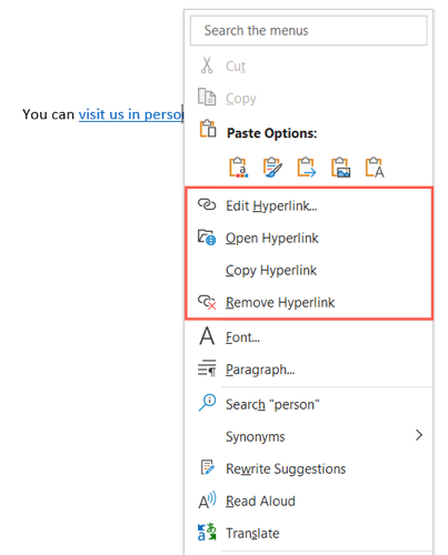 Действия для ссылки в контекстном меню