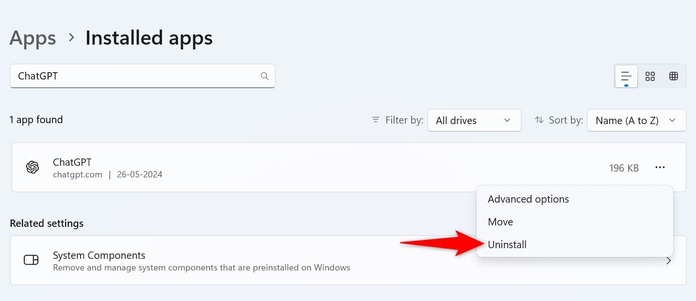 Выделено 'Uninstall' для ChatGPT в настройках Windows 11.