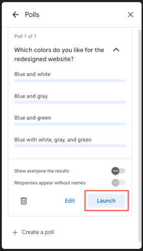 Запуск сохранённого опроса в разделе Polls