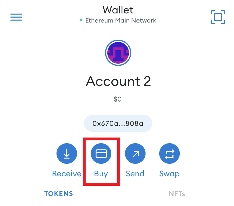 Кнопка Buy выделена в интерфейсе кошелька MetaMask.