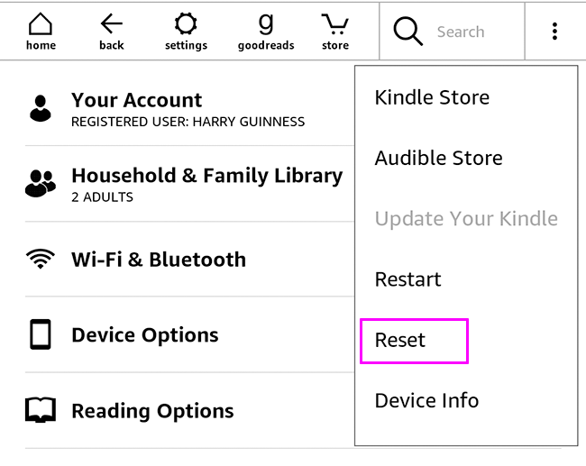 kindle reset option