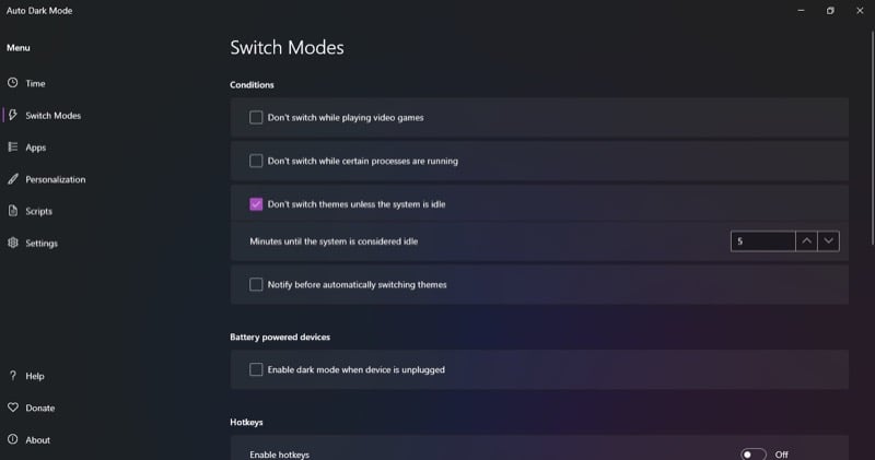 Параметры условий переключения в Auto Dark Mode