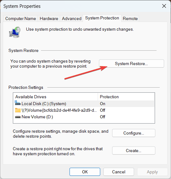 Выбор точки восстановления в Windows