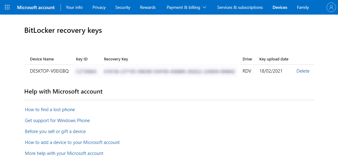 Страница ключей восстановления BitLocker в учётной записи Microsoft