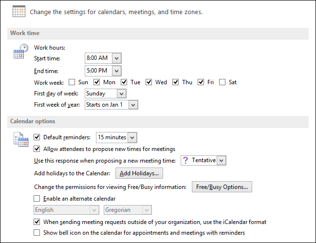 Окно параметров календаря с настройками часов, праздников и цвета