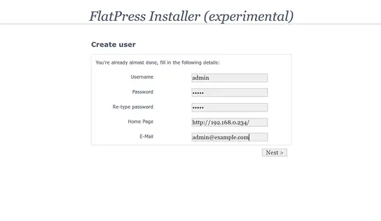 Страница создания учётной записи администратора FlatPress
