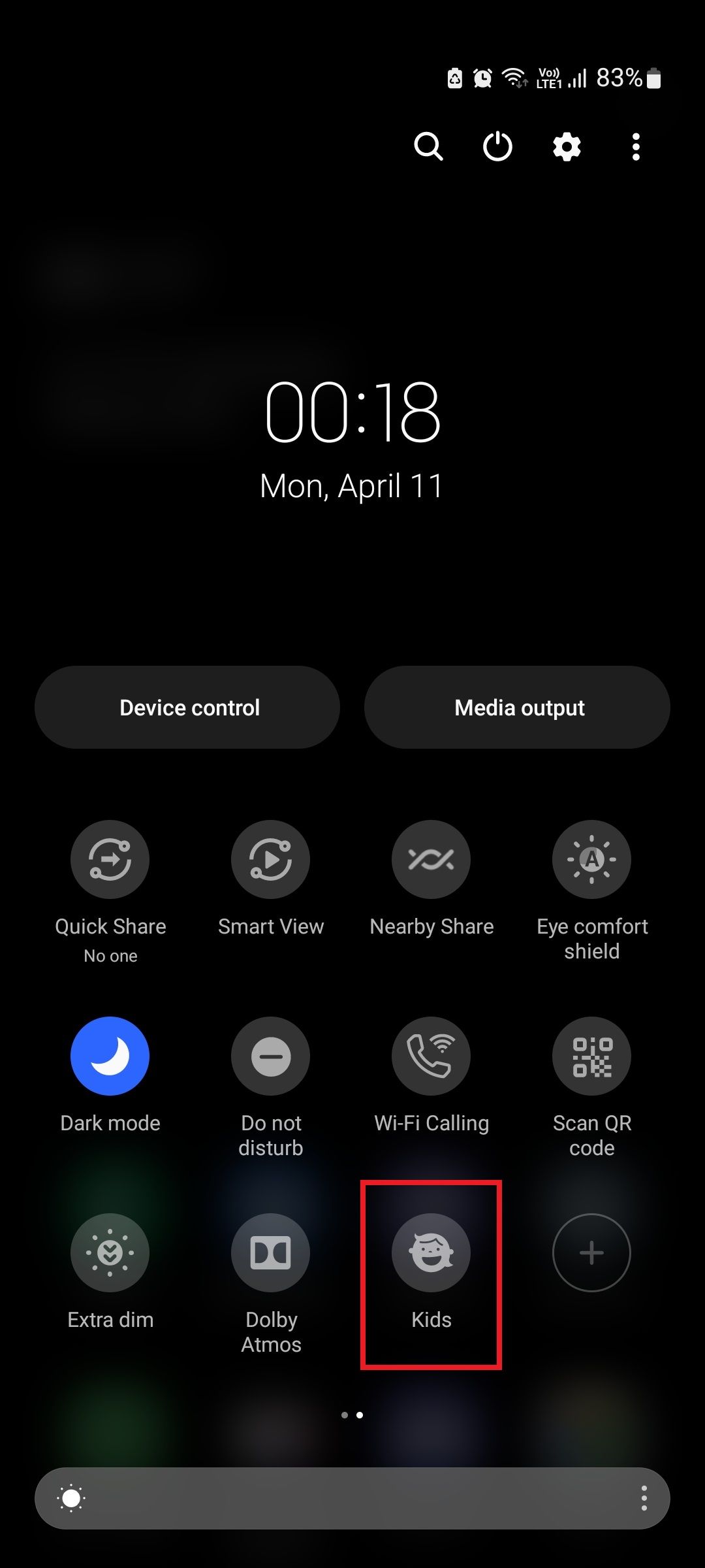 Иконка Samsung Kids в Быстрых настройках
