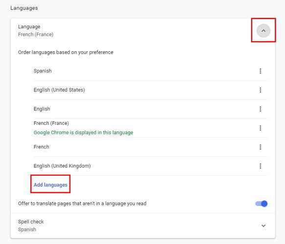 Скриншот меню «Добавить языки» в настройках Chrome