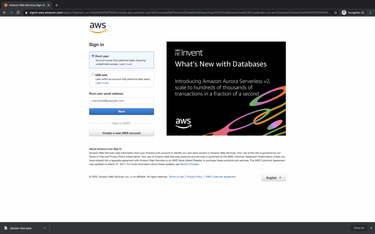 Страница входа AWS с полями для учётных данных