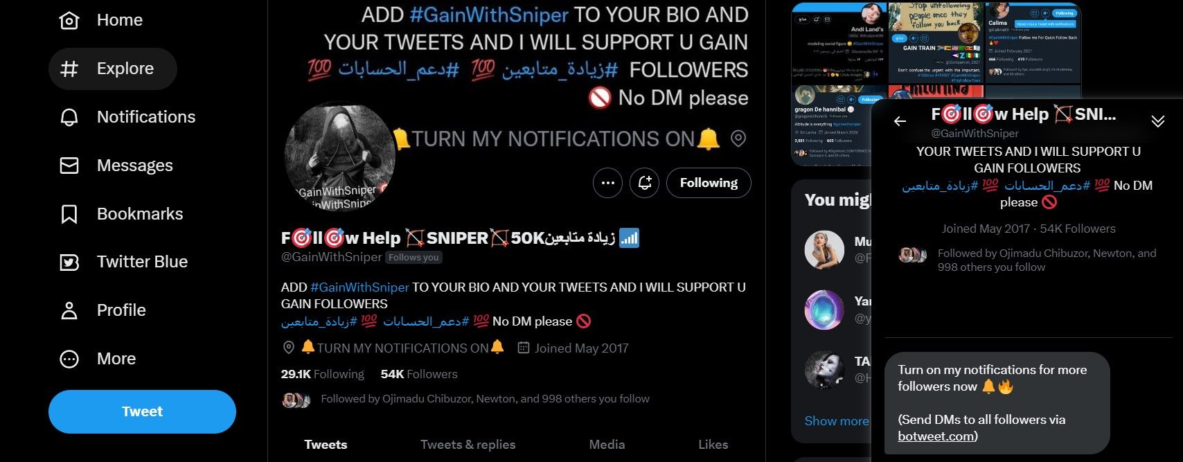 Скриншот профиля Twitter с личными сообщениями и ссылками