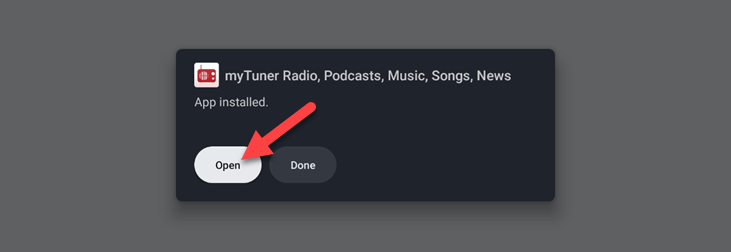 Кнопка Open после установки приложения