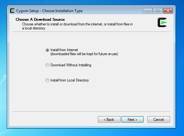 Выбор варианта Install from Internet в установщике Cygwin