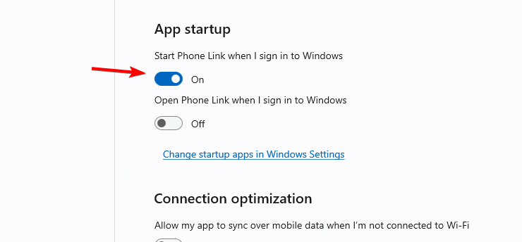 Настройки общего запуска в Phone Link