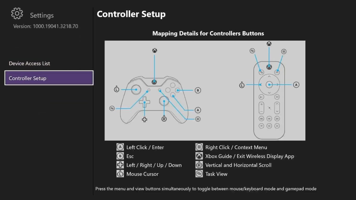 A screenshot of the Controller Set Up settings on the Wireless Display application for Xbox Series X 