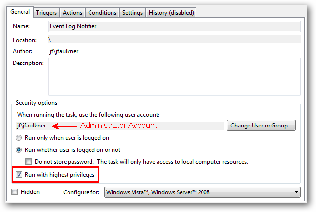 Настройка планировщика задач Windows для запуска с правами администратора