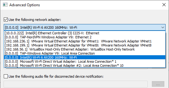 Выбор беспроводного адаптера в Wireless Network Watcher.