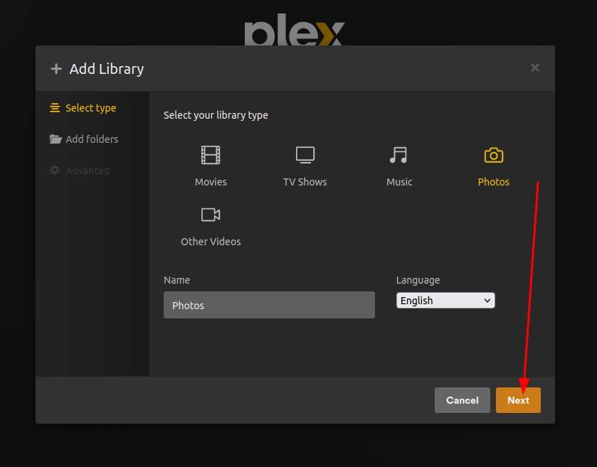 A Plex web UI webpage showing the different library types you can add with the Photo library currently selected