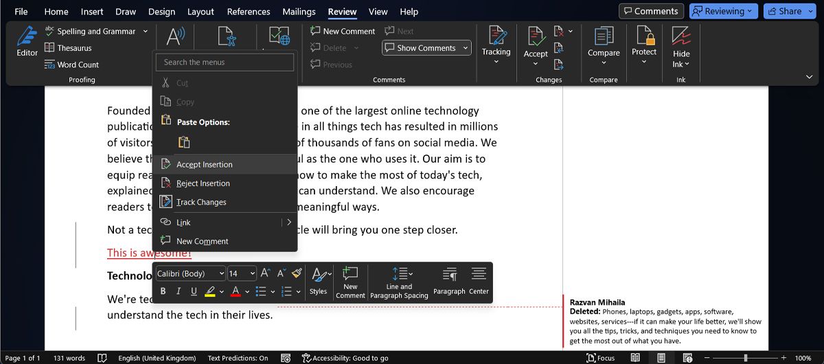 Принятие или отклонение правок в Word