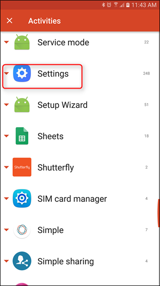Список действий в Activities с пунктом Settings
