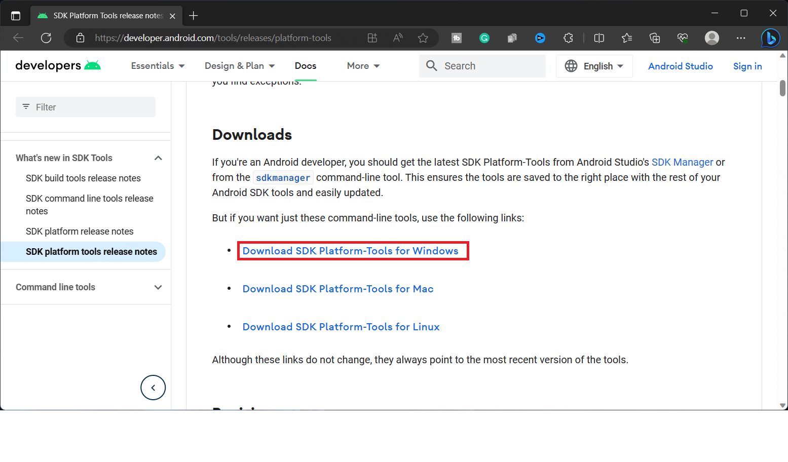 Страница загрузки SDK Platform-Tools